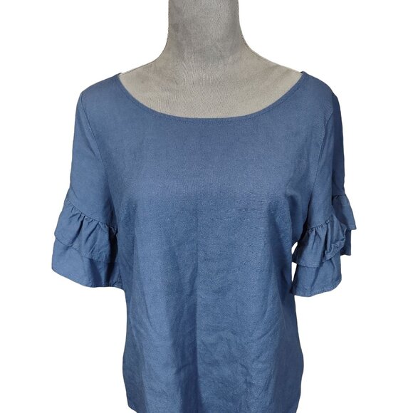 Appraisal Linen Blend Top Blue Bell Sleeve Exposed Zipper Peasant Womens Large - Picture 7 of 7